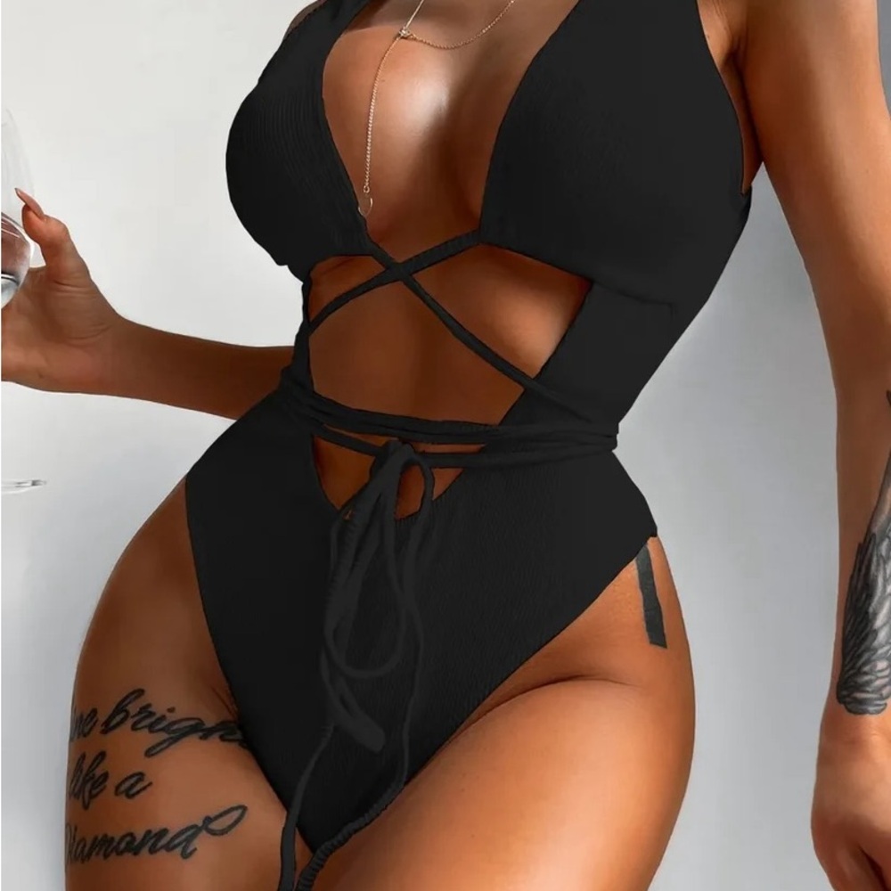 Ribbed Lace-Up One-Piece Swimsuit